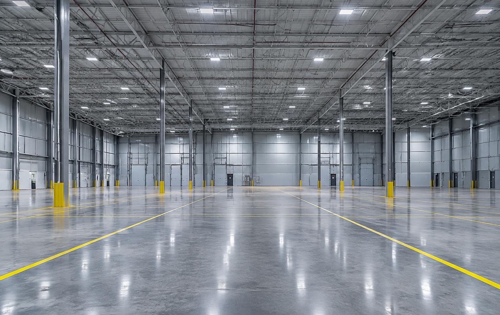 Empty warehouse interior showing clear height and column spacing